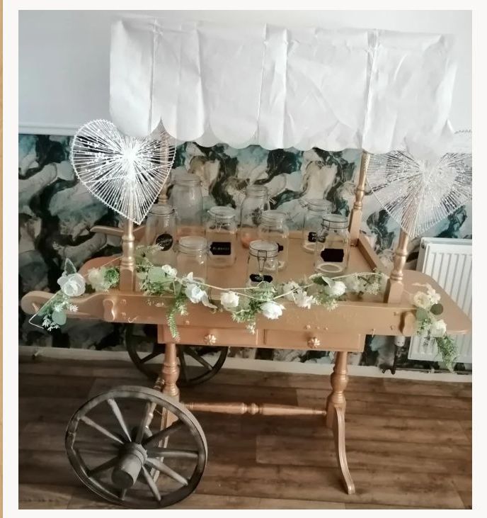Gold Vintage Table Top Cart Hire. Delivered ,set up as seen in photo and collection.