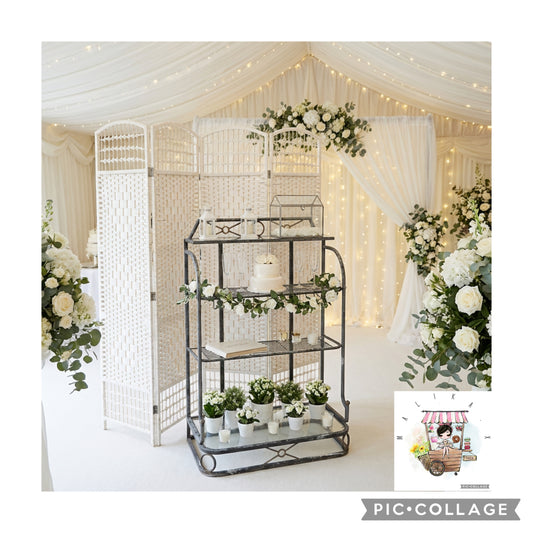 Wrought Iron baker's rack for wedding favours to hire for 50 Guests