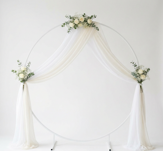 White Circular Metal Back Drop Frame with Decor to hire