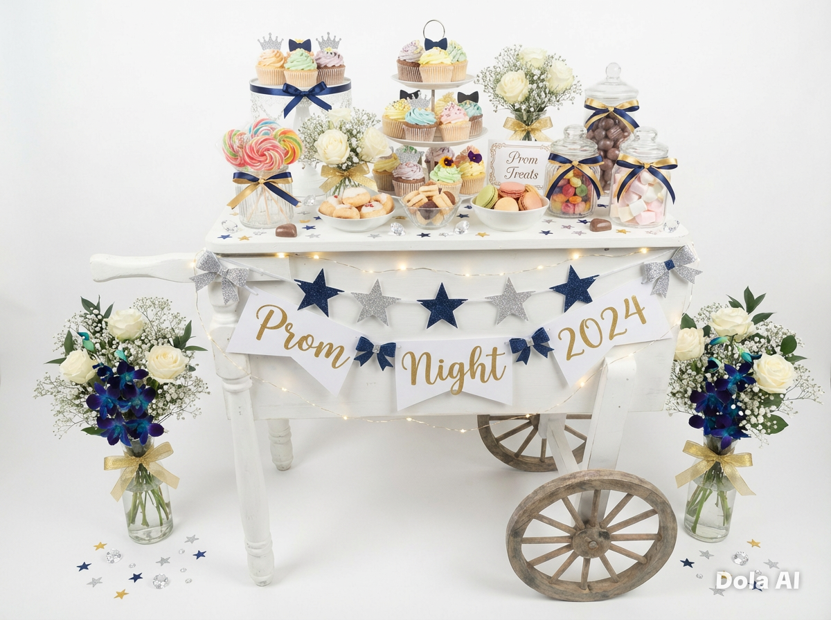 2 Sweet Cart Props with full Decor and Sweets & Cupcakes for 100 Guests for Prom Theme