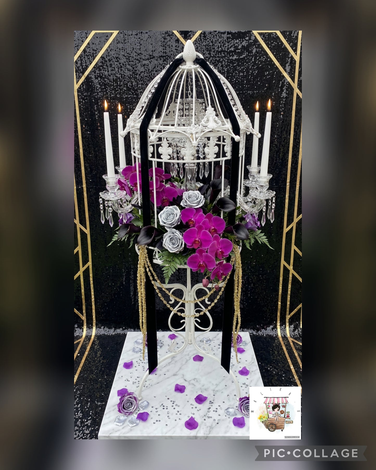 Wrought iron white birdcage with Prom Decor