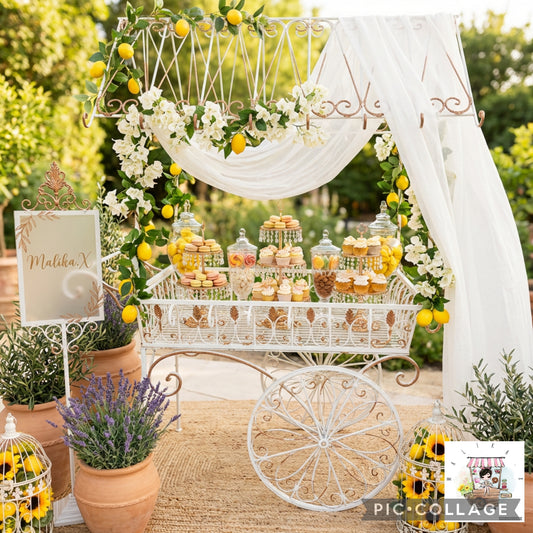 The "Mediterranean Luxe" Summer Collection by Malika.X Luxury Vinted Sweet Cart for 100 Guests 🍋