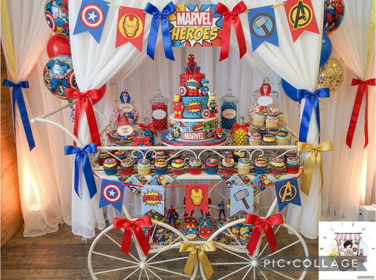 Small Vintage Sweet Cart Marvel Theme with decor on cart only , Cupcakes for 50 Guests & single Celebration Cake