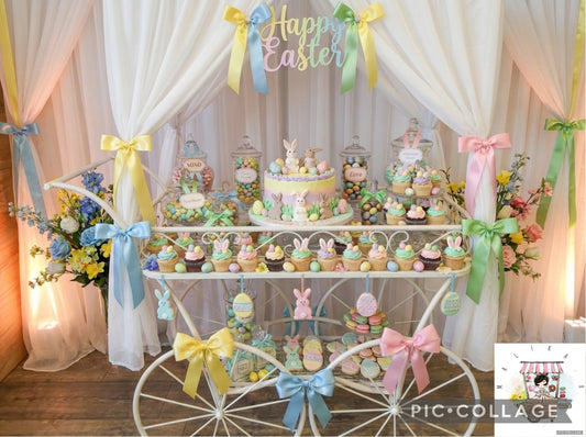 Small white Vintage Sweet Cart Hire. Easter Decor on cart only. Cake &  Cupcakes for 50 Guests