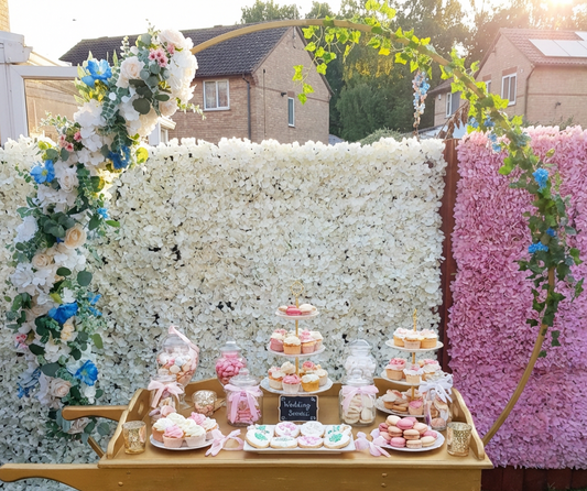 Gold Table Top Carriage Cart & Golden Hoop Backdrop & Treats for 50 guests